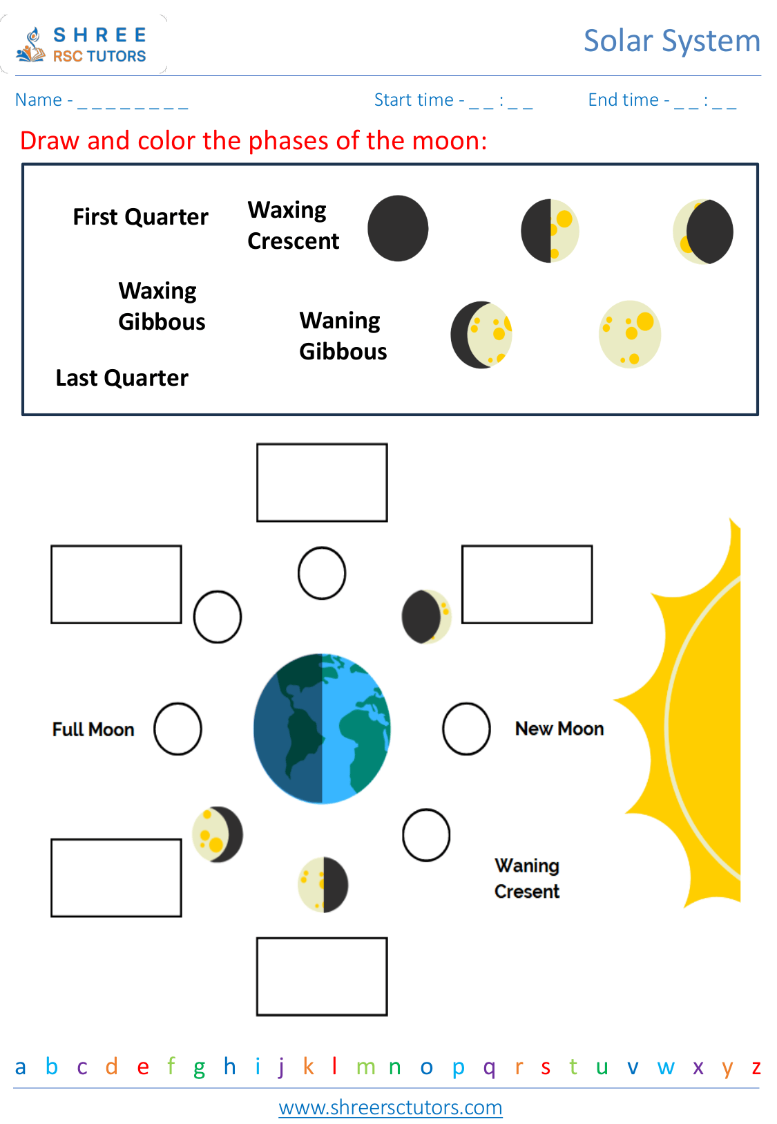 Understanding day and night, lunar phases worksheets for Grade 4